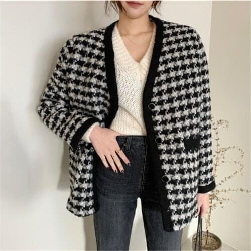 20 Womens Woolen Coat Section Listing Lady Long Sleeve Warm Add Cotton Houndstooth Jacket Winter Female Coats Outerwear WZ1278