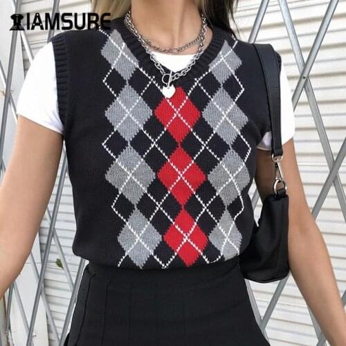 IAMSURE Autumn Fashion Argyle Plaid Sweater Vest For Women Preppy Style V-Neck y2k Aesthetic Tops Kpop Casual Outfits 90s Vest