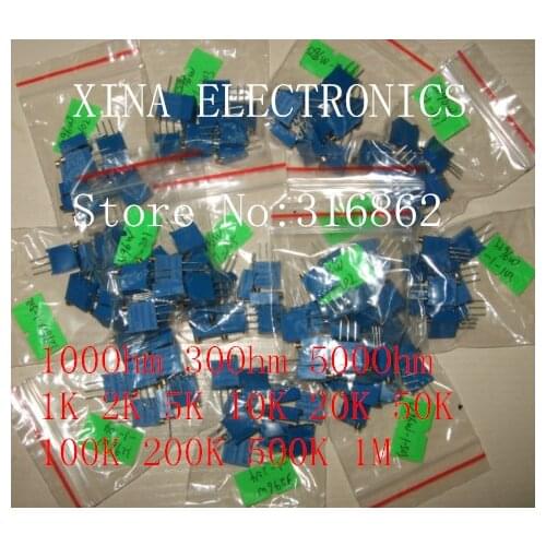 13valuesx5pcs=65pcs 3296W Multiturn Trimmer Potentiometer Kit High Precision Variable Resistor 1K 2K 5K 10K 20K 50K 100K 200K 1M