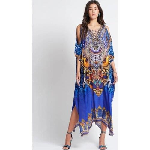 2021 Blue Bohemian Printed Bikini Cover-ups Sexy Lace-up Side Split Summer Beach Dress Women Beach Wear Swim Suit Cover Up Q1243