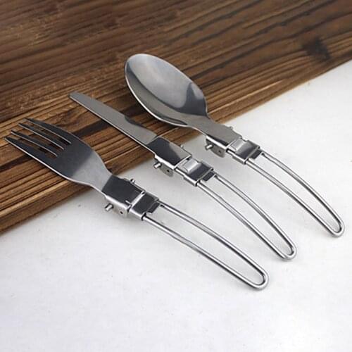 3pc Multifunction Outdoor Camping Picnic Tableware Stainless Steel Folding Spoon Fork Knife Portable Cutlery Traveling Hiking