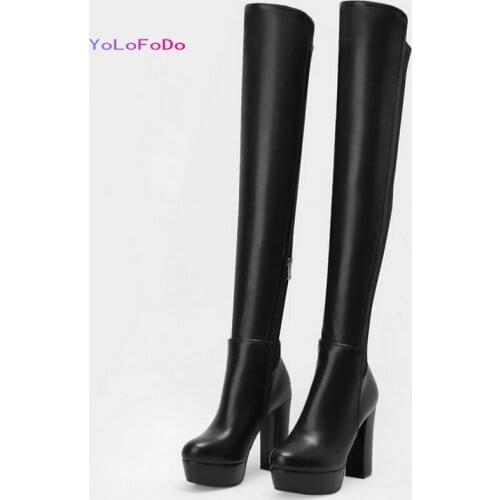 Faux Suede Women Over the Knee Boots Platform Square High Heel Women Stretch Boots Round Toe Zipper Ladies Thigh Boots Big Size