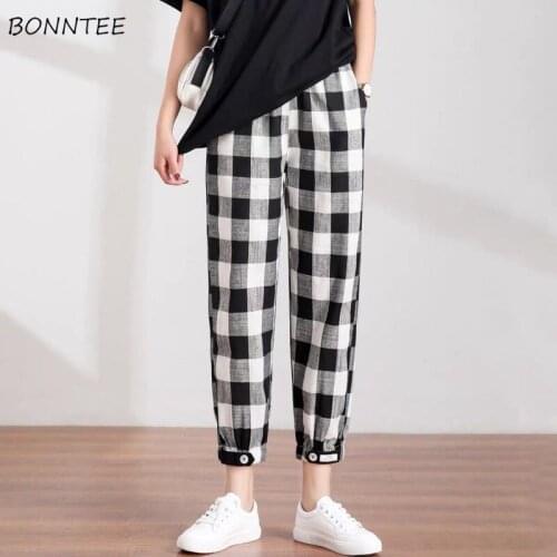 Plaid Pants Women Casual Chic Loose Harm Trousers Ankle-length Retro Teens Harajuku Summer All-match Streetwear Elastic Waist