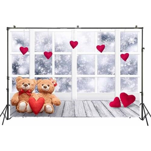 Valentine Day Photography Backdrop Window Hearts Bear Newborns Baby Children Family Party Photo Background Studio PhotocallW4835