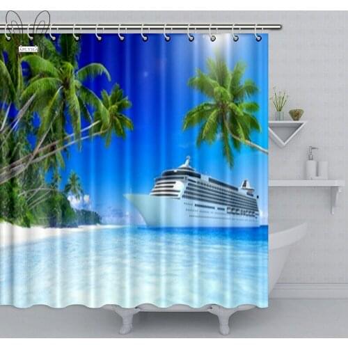 Blue Beach Landscape Shower Curtain Loose Pulley Stopping Bathroom Curtain Polyester Fabric Bath Curtain Shower Sets