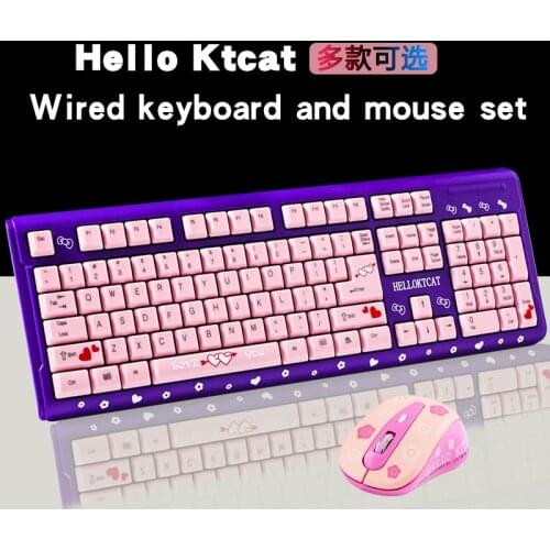 Pink keyboard and mouse set cute girl cartoon cat desktop computer office home gaming laptop USB wired keyboard USB wired mouse