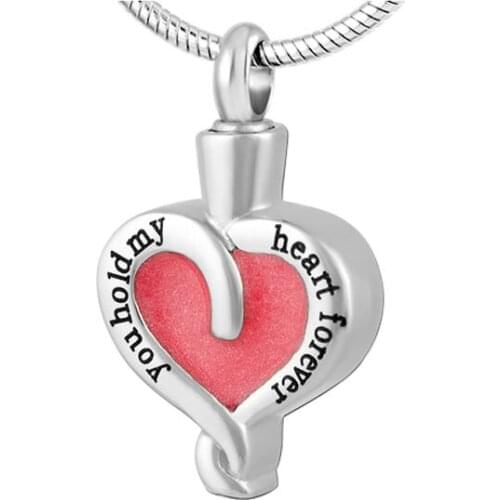 IJD8438 Red/Pink Enamel Heart urn Charm Necklace for Ashes Keepsake Jewelry Cremation Pendant,Engrave You Hold My Heart Forever