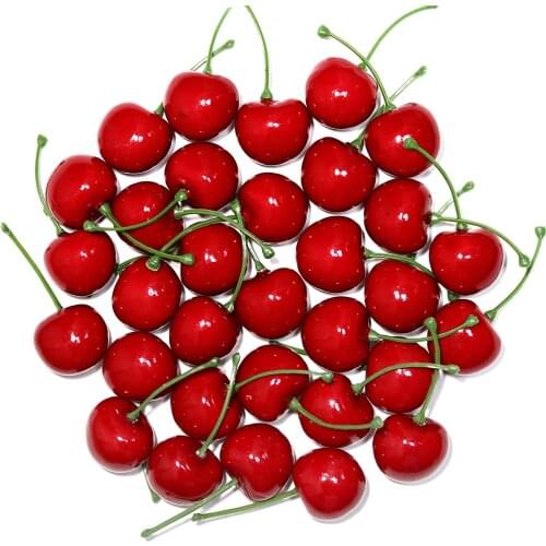 WangLaap 50Pcs Artificial Red Cherries 30mm/1.18inch Simulation Fake Fruit for Home Kitchen Dining Decoration