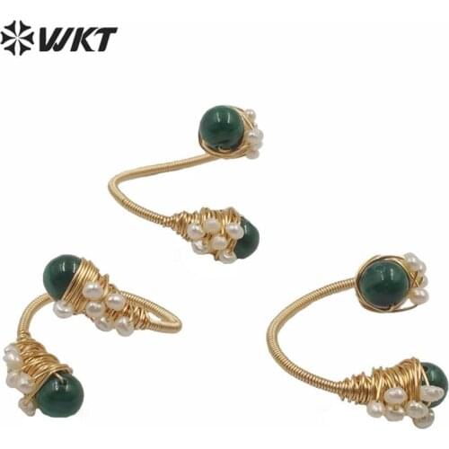 WT-R355 unique design natural green stone ring handmade wire wrapped stone and pearl beads ring adjustable size ring