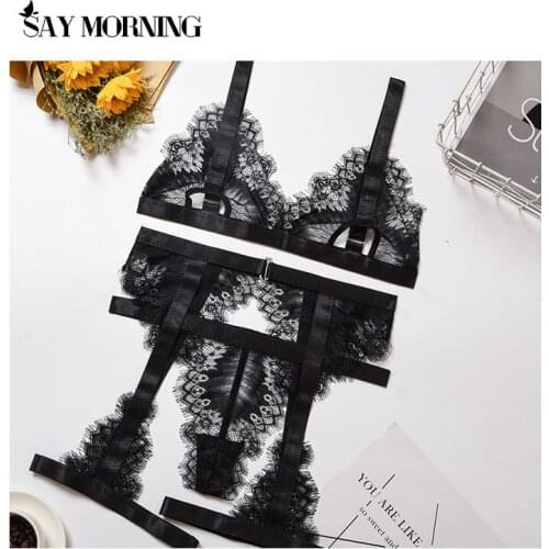 SAY MORNING New Womens Eyelashes Lace Underwear Set Sexy Garter Belt Mesh Hollow Perspective Wire Free Bra Set Thong Lingerie