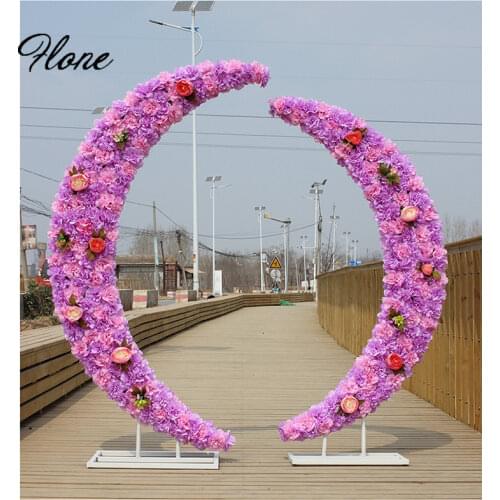 Wedding home party metal iron crescent arch road backdrop stand artificial fake flowers moon arch door decoration accessories