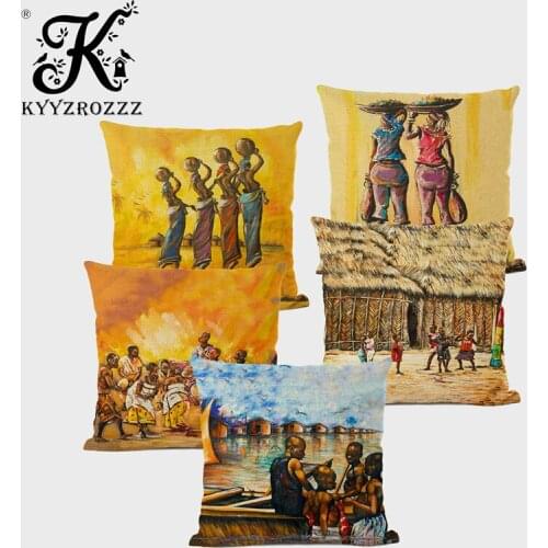 Fashion African Tribal Life Oil Painting Cushion Cover Happy Black Family Art Deco Sofa Coffee Shop Linen Pillowcase 45x45cm
