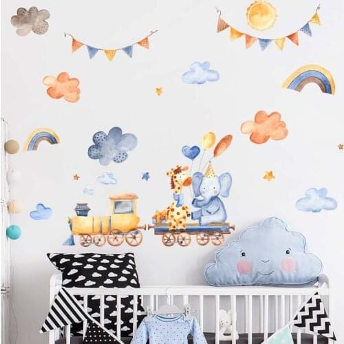 Cartoon Elephant Deer Train Cloud Rainbow Flag Wall Sticker Childrens Room Living Room Decorative Wallpaper Self-Adhesive