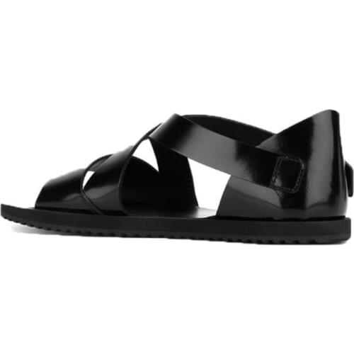 Mens sandals New mens summer non-slip beach shoes cowhskin open-toe buckles Roman low-top style shoes Black flat shoes for men