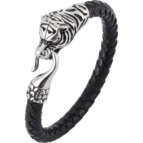 Newest Stainless Steel Tiger Head Black/Brown Braided Leather Bracelet Punk Male Leather Bangles Gifts PD0388