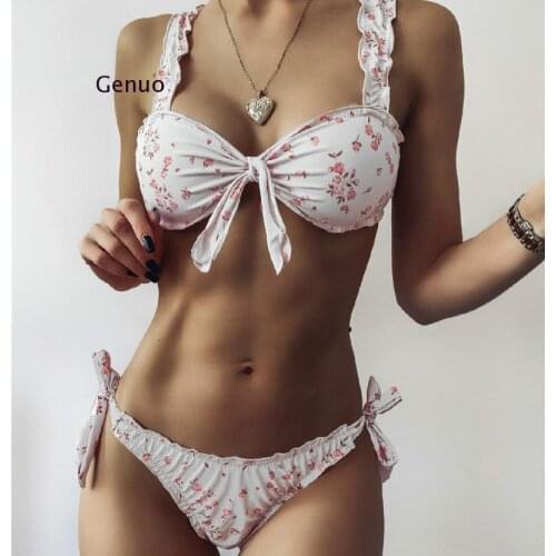 New Sexy Pink Flower Knotted Bikini Female Swimsuit Women Swimwear Two-Pieces Bikini Set Bather Bathing Suit Swim Lady