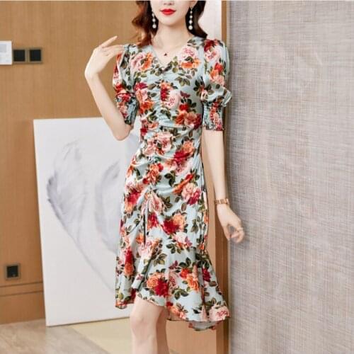 Pleated Rose Printing Pink Grace Short Dress Woman Summer A-Line Light Yellow Blue Skirt Ladies Ruffle V-Neck Silk Mature Skirts