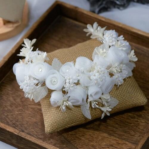 Korean Handmade Flower Brides Barrettes Pearls Headbands Bridal Hairbands Wedding Hair Accessory Prom Head Wear