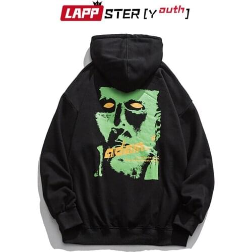 LAPPSTER-Youth Men Streetwear Harajuku Sweatshirts 2021 Hooded Hoodies Mens Vintage Print Clothing Autumn Black Cotton Hoodie