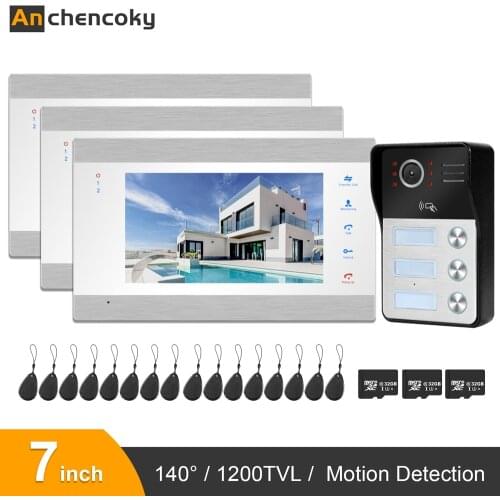 Anchencoky Video doorbell Intercom 7inch Video Door Phone 3 Monitors 1 Doorbell Camera Support Swiping Card for Apartment System