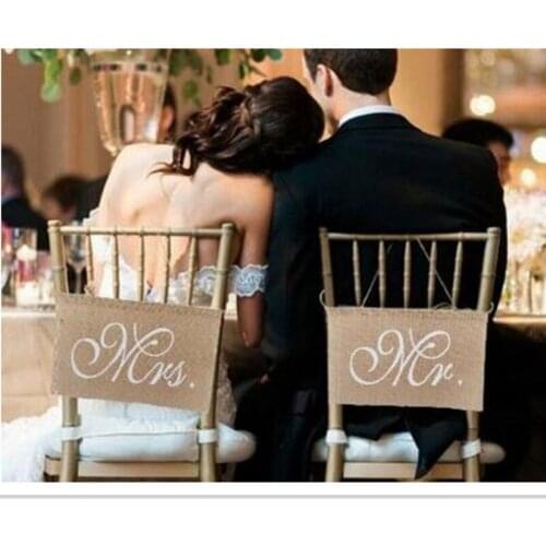 Vintage Mr and Mrs Natural Hessian Chair Sign Rustic Wedding Signs Banners Burlap Chair Sign for Groom and Bride