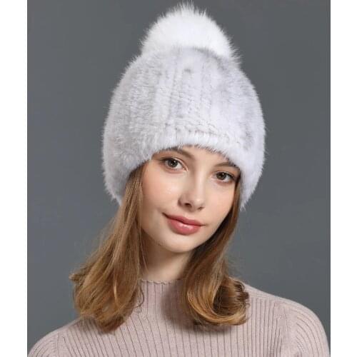 Knitted Real Mink Fur Hat skullies beanies New 2019 Female Fashion Casual Fox Pompom Winter Womens Genuine Fur Hats Solid Color