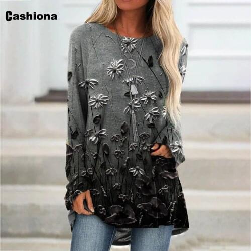 Cashiona Plus size Women Elegant Leisure Casual Long T-shirt Model Flower Print Womens Top 2021 Summer Tees shirt Femme 4XL 5XL
