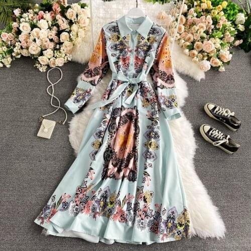 Womens spring summer runway fashion vintage print long dress female long sleeve chic travel shirt beach dress TB1497