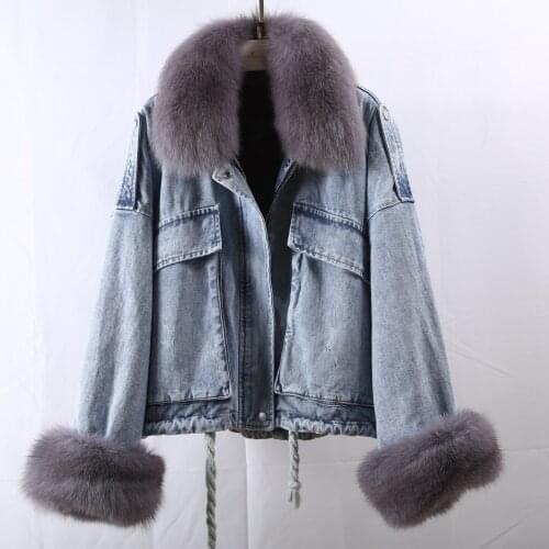 Rf2084 Real Fur Park Woman Real Fox Fur Cuffs and Collar Rex Rabbit Fur Lining Denim Jacket Natural Fur Jeans Coat