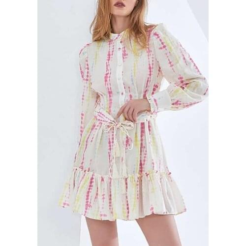 New Arrival Women Flower Print Dresses Elegant Long Sleeve Ruffle Dresses With Belt 3233