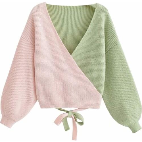 Women’s Casual Long Sleeve Loose Sweater Fashion Contrast Color V-neck Bandage Knitwear Spring And Autumn New