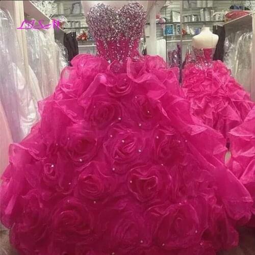 2020 Hot Pink Rose Flowers Quinceanera Dresses Ball Gown Beaded Crystal Prom Party Dress Sweet 16 Party Gowns