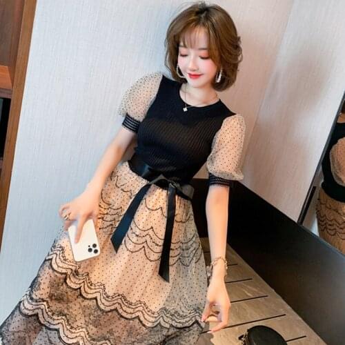 Awarose Summer Dot Mesh Lace Patchwork Knitted Dress Women Puff Sleeve High Waist Bow Fashion Party Dresses Ladies Vestidos