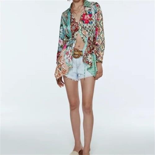 ZXQJ Women 2021 Fashion Patchwork Floral Print Asymmetric Blouses Vintage Long Sleeve Drawstring Female Shirts Chic Tops