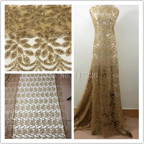 African tulle net lace fabric gold color glued glitter Nigerian tulle lace fabric with nice glued glitter
