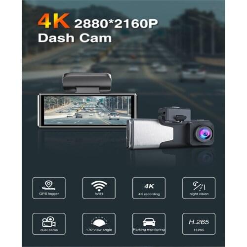 4K UHD Car DVR 4 Inch Touch Screen Dash Cam 2160P+1080P Dual Lens Night Vision Camera GPS WIFI WDR 24H Parking Mini Monitor