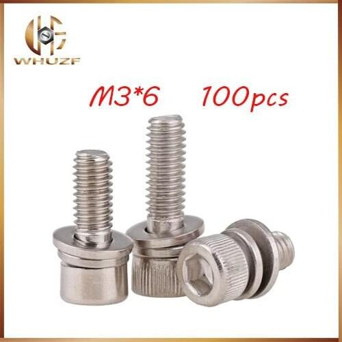 Free shipping 100pcs M3 6mm M3*6mm 304 Stainless Steel Inner Hex Bolt Hexagon Socket combination Lock Washer Sems Assembly Screw