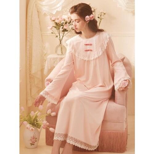 Free Shipping Rose Tree 2020 New Autumn Womens Long Pyjamas Lace Purple and Pink Sleepwear Cotton Nightgown Sweet Nightshirt