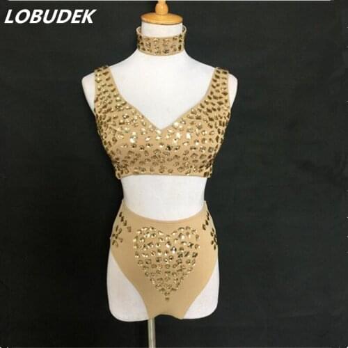 Bra+short) sexy female suit set with Diamond nightclub Bar stage costumes Bright stones DJ DS Performance wear party show