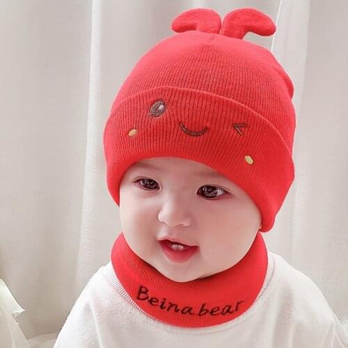 0-12M Baby Hat Scarf Set Boys Girls Skullies Beanies Autumn Winter Warm Toddler Kids Hats Ring Scarf Cute Cartoon Wool Knit Cap