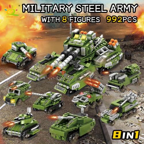 HUIQIBAO 992Pcs 8in1 Military Heavy Tracked Tank Building Blocks Boys DIY WW2 Army Soldier Weapons City Bricks Toys For Children