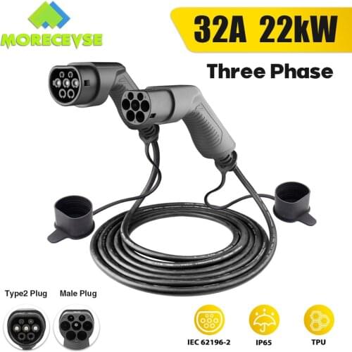 Morec EV Charging Cable 32A 22KW Three Phase Electric Vehicle Cord for Car Charger Station Type 2 Female to Male Plug IEC 62196