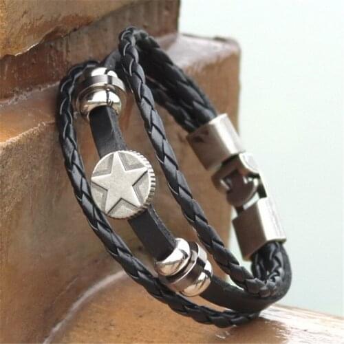 XiongHang Leather Black Star Charms Bracelet Punk USA Army Style Leather Cuff Bracelet Wristband Mens Jewelry