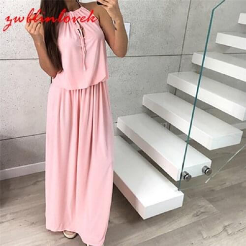 Summer Womens Dress Fashion Clothing Halter Neck Sexy Sleeveless Long Split Solid Color Female Floor-Length Dresses 2C0088