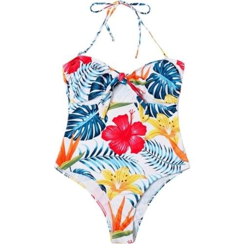 Summer High Waist Hollow Sexy Halter Swimwear Women Bow-Knot One Piece Swimsuit Print Bikini Bathing Suit