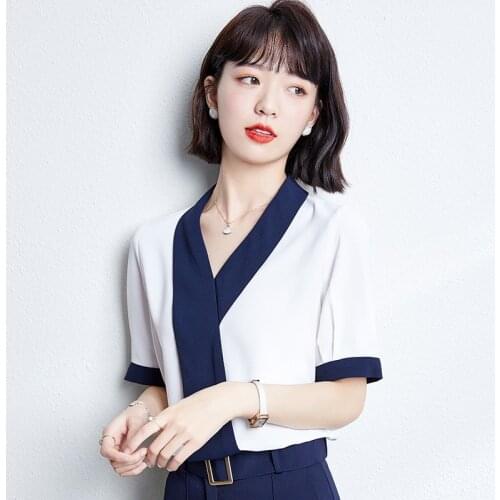 Fashion Womens Blouses Chiffon Shirts Summer Loose Short Sleeve Shirts V-neck Tops Plus Size Blusas De Mujer