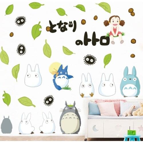 Cartoon wall stickers childrens room wardrobe shoe rack boys room decoration animal stickers green leaves kitten wall decals