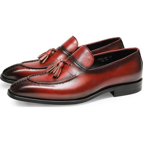 2021 new mens handmade genuine leather shoes top layer cowhide tassel loafers slip-on business dress lazy shoes men