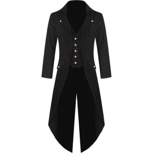 Men Victorian Costume Black Tuxedo Fashion Tailcoat Gothic Steampunk Trench Jacket Coat Frock Outfit Dovetail Uniform for Adult