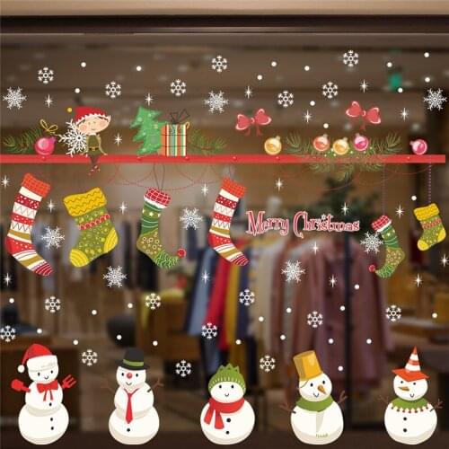 Merry Christmas Snowflakes Snowman Sock Tree Wall Stickers Decals Santa Claus Deer Living Room Store Window Mural Posters